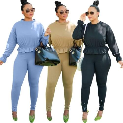 KALENMOS Autumn Two Piece Set Streetwear Sweatsuit Women Set Ruffles Crop Top Legging Pants Tracksuit Matching Fitness Outfit