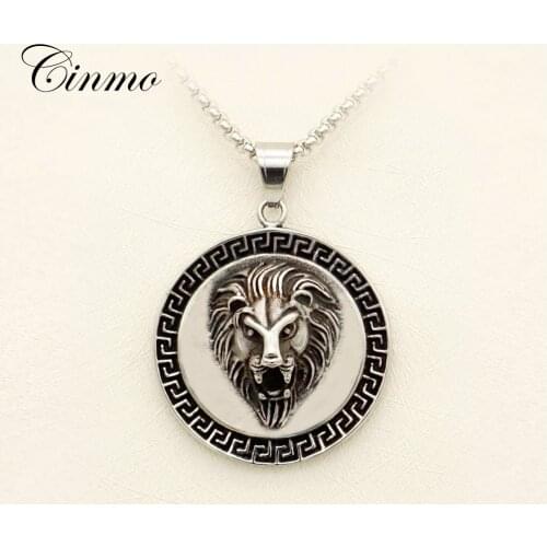 Cinmo Animal Round Shield Pendant Necklace Trendy Lion King Head Stainless Steel Necklaces For Men Women Fashion Jewelry Gift