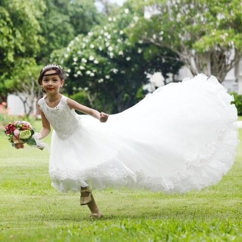 Long Tailed White Flower Girls Dress Layers White Girl Vestido for Party 2021 Girl Clothes 3 4 6 8 10 12 14 Years Old RKF174026