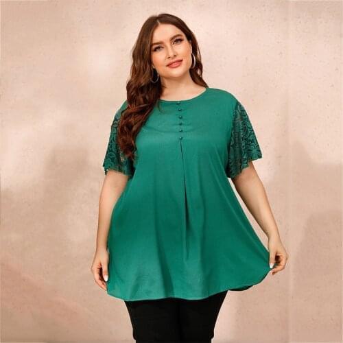 Plus Size Long Blouse Shirt Women Autumn Lace Short Sleeve Solid Casual Blouse Green Loose Oversized Ladies Tunic Tops