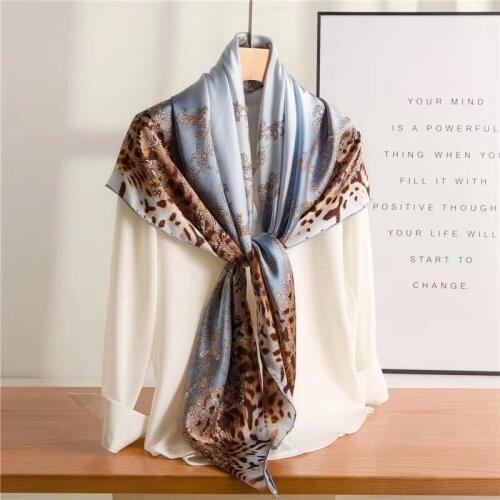 Luxury large square blue leopard scarves famous brand silk women animal wrap shawl big foulard muslim hijab fashion cape poncho