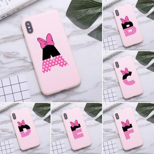 Cartoon mouse bow 26 letters Phone Case for iPhone 12 mini 11 Pro Max Matte Candy Pink Silicone cover