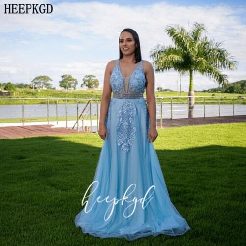 Mint Blue Sexy Long Evening Dress Backless See Through Chic Beaded Lace Plus Size Tulle Prom Gowns Girls Graduation Gowns