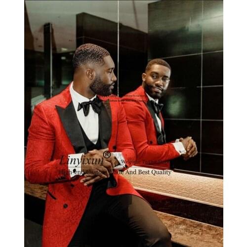 Red Floral Pattern 3 Piece Wedding Tuxedo Peak Lapel Double Breasted Groom Wear Formal Prom Party Men Suit 2021 Best Man Blazer