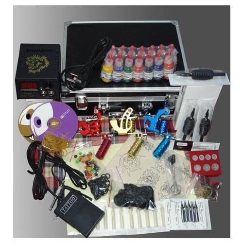 Professional 3pcs tattoo machine for lining and shading set 14colors ink complete tattoo kit with carrying case for beginner