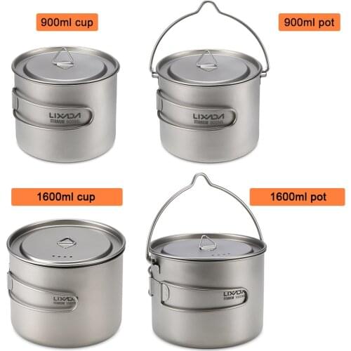 Lixada 900/1600ml Titanium Cup Pot Ultralight cookware Portable Cup Hanging Pot with Lid Foldable Handle Outdoor Camping Hiking