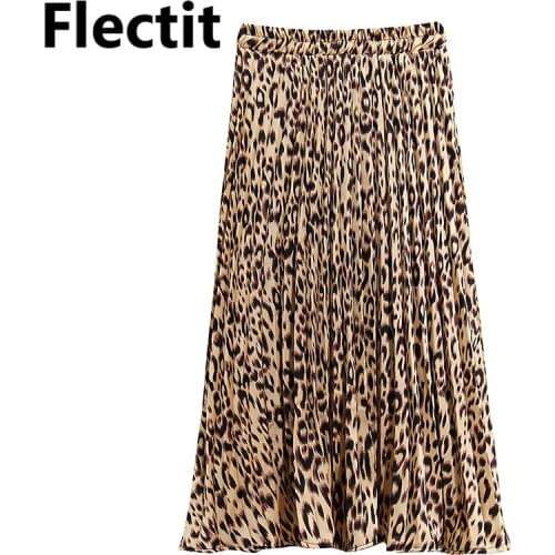 Flectit Women Vintage Leopard Pleated Skirt Elastic Waist Midi Length Animal Print Flowy Skirt Ladies Outfits
