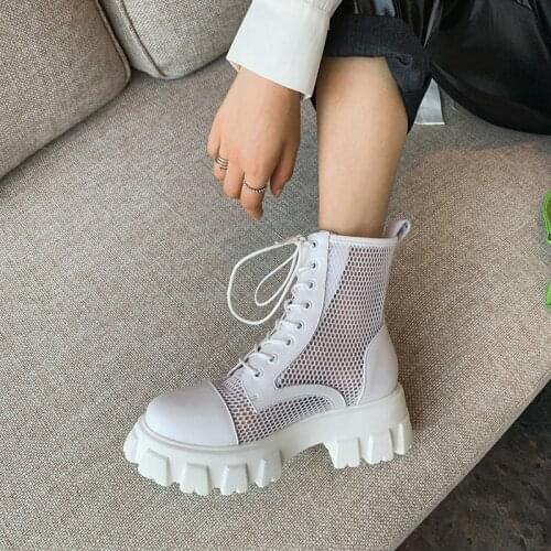 Summer New Euro Style Fashion Women Genuine Leather Ankle Boots Platform Mesh Crystal Thick Heel Zipper Boots Woman