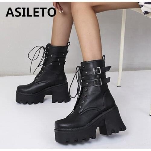 2021 Gothic Women Ankle Boots High Platform Motorcycle Lace Up Buckle Top Quality Autumn Winter Warm Chunky High Heels S2365