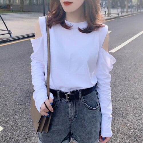 Women Off Shoulder Sexy T-shirts Female Casual Solid Long Sleeve Top Hollow Out T-shirt Top Autumn Basic Chic Clothing New