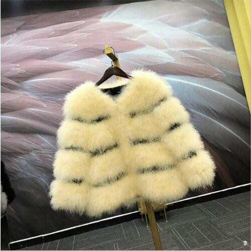 Winter Jacket of Real Ostrich Feather Plush Fur Coat Stripes Womens Fluffy Clothing C923