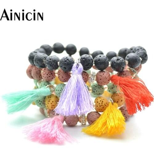 10pcs All Mixed Color Lava Stone Tassel Bracelets For Fashion Women Party Jewelry