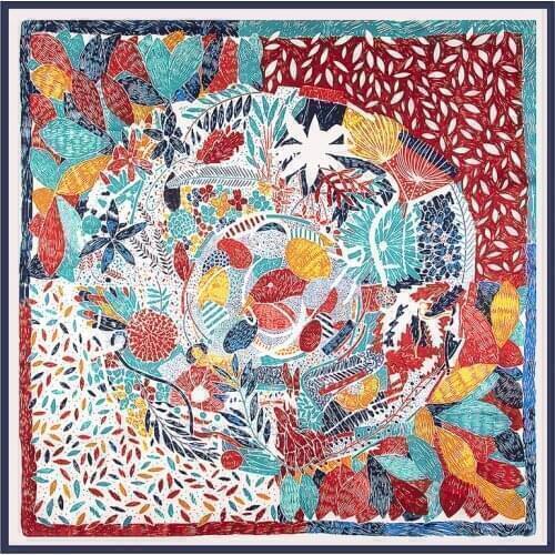 130cm Pine And Palm Leaves 2021 New Square Scarf Luxury Brand Twill Silk Scarf Women Kerchief Shawl Branch Scarves For Ladies