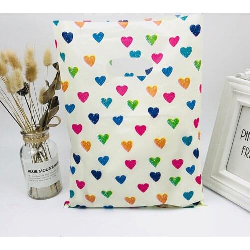 Colorful Heart Large 25x35cm Plastic Gift Packaging Yellow Thick Plastic Bags With Handle Clothes Packaging Wedding Gift 50pcs
