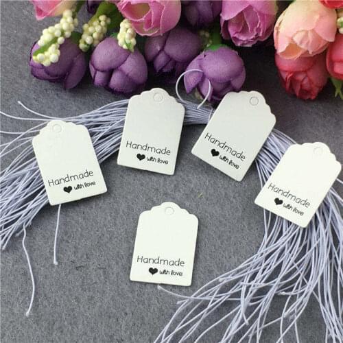 300Pcs/Lot 3x2cm Kraft Paper Scalloped Shaped Tag Printed Heart Thank You For Festival DIY Label Handmade Price Tag With Strings