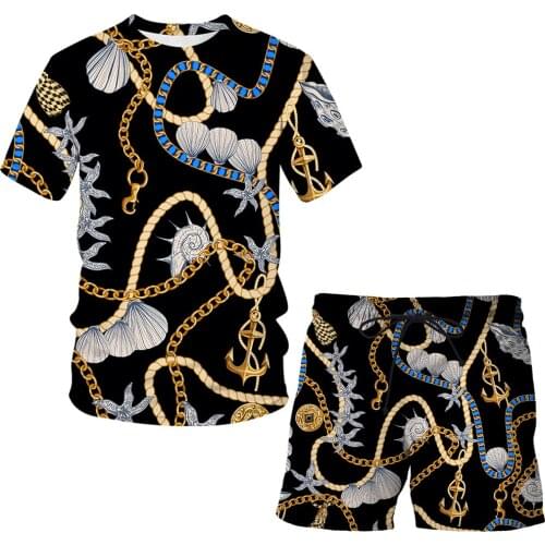 Summer Iron chain 3D Luxury Short-sleeved Suit Man / Woman Casual Clothes T-shirt + shorts 2-piece suit Streetwear Men clothing
