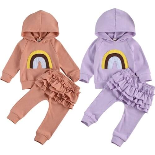 Lioraitiin 0-3Years Newborn Infant Toddler Baby Girl Autumn Fashion 2Pcs Clothing Long Sleeve Rainbow Printed Hooded Top Pant