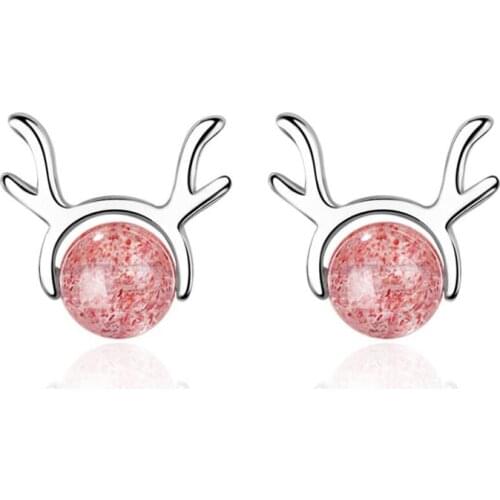 KOFSAC Fashion 925 Sterling Silver Earrings For Women Pink Strawberry Crystal Cute Antlers Earring Girl Christmas Jewelry Gifts