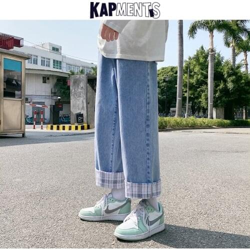 KAPMENTS Men Baggy Blue Causal Jeans 2021 Mens Low Rise Wide Leg Streetwear Denim Jeans Male Distressed Harajuku Kpop Jeans 2XL