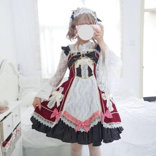 2021 New Japanese Loli New Lolita Dress Baby Cross Lace Bow Hanging Dress Burgundy Dark Green