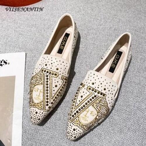 New White Black Embroidered Rhinestone Rivets Casual Deep Mouth Low Heel Flat Loafers Women