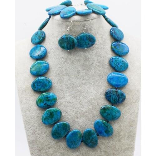 One set blue jade fan 20*30mm necklace bracelet earrings 18inch FPPJ wholesale beads nature