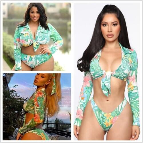 Sexy Long Sleeve Bowknot Plus Size Bikini Set High Waist Bikinis Swimwear Women Cut Out Swimsuit Push Up Bathing Suit Beach Wear