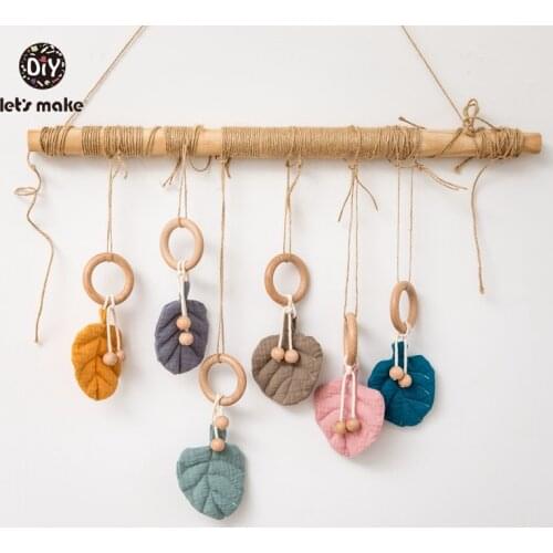 Lets Make Baby Teethers 1pc Cotton Leaves Shape Pendant Beech Wooden Teething Ring Wood Beads Baby Bed Hanging Rattles Toys