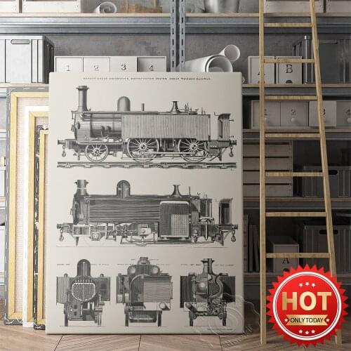 Retro Steam Train Poster, Train Compartments Design Prints, Living Home Room Vintage Wall Decor, Blueprint Prints Poster