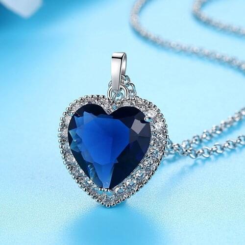 Romantic Pendant Chain Classic Style Heart White Gold Filled Blue Zircon Inlaid Wedding Party Womens Pendant Necklace Gift