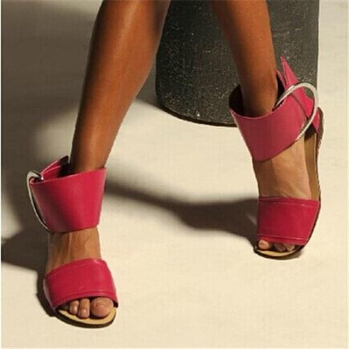 Blue Red Summer Leather Flat Sandals Women Shoes Big Buckle Casual Shoes Open Toe Gladiator Sandals Women Sandalias Mujer