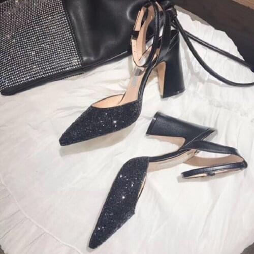 Spring and summer new pointed thick heel high heel sequin bridal wedding shoes wild word buckle banquet dress female sandals