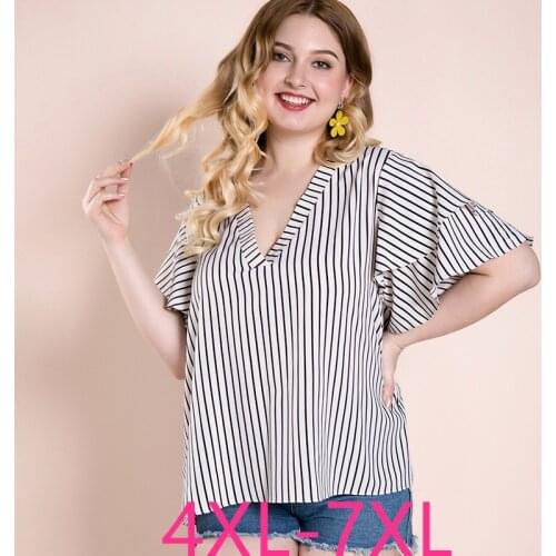 Female summer plus size tops for women large short sleeve loose elegant casual stripe V neck low-cut T-shirt white 5XL 6XL 7XL