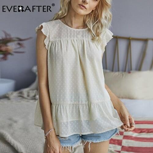 EVERAFTER Solid women blouse shirts summer O-neck short sleeve polka dot ruffles loose casual female holiday tops blouses 2020