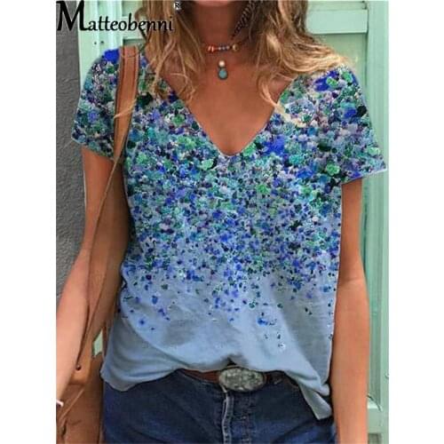 Women Summer Sexy Short Sleeve Casual T-Shirts Flower Printed Vintage Top Female V-Neck Loose Oversize Plus Size Streetwear Top