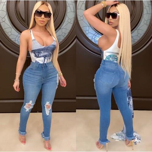 Y5178 European and American womens clothing platform hot sale Washed hole elastic brushed fringe all-match slim denim trousers