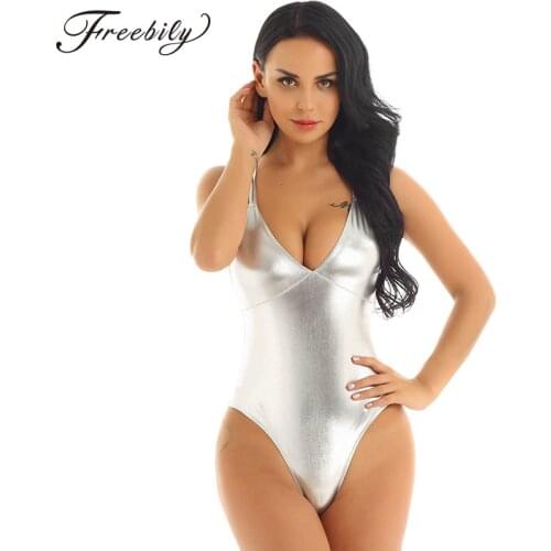 Women Shiny Metallic One-piece Swimsuits Deep V Neck High Cut Leotard Bodysuit Catsuit Clubwear Sexy Club Costumes Bodystocking