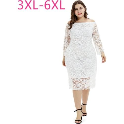 New 2021 spring autumn plus size lace dress for women large long sleeve strapless loose casual white midi dress 3XL 4XL 5XL 6XL