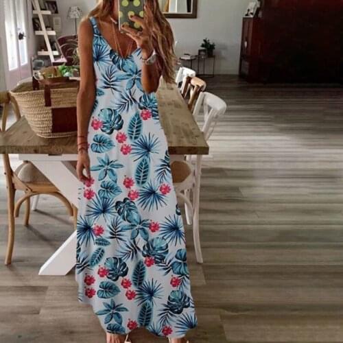 Boho Ladies Dress Sleeveless Loose Slim Floarl Printed Long Dress Casual High Waist V-neck Elegant Dress Women Clothing