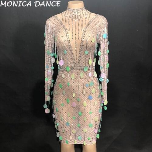 Women Sexy Net Yarn Short Dress Bling Paillettes Sparkling Crystals Nightclub Party Stage Dance Wear Dancer Singer Costumes