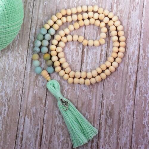 8mm Beige Prayer Beads Amazonite Handmade Tassel Necklace Mala Retro Yoga Wristband Tibetan Meditation Classic Religious