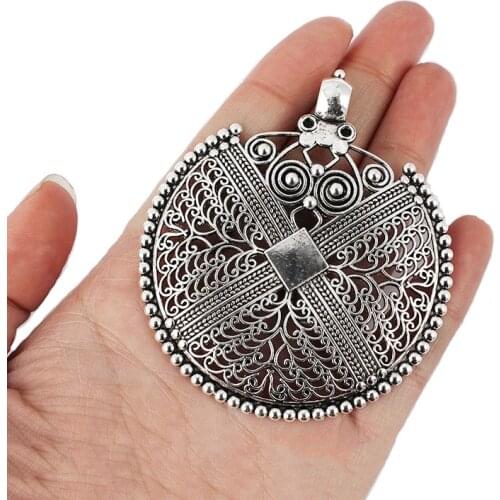 2PCS Large Antique Filigree Hollow Open Round Charms Pendants for Neckalce Making Jewelry Findings 73x63mm