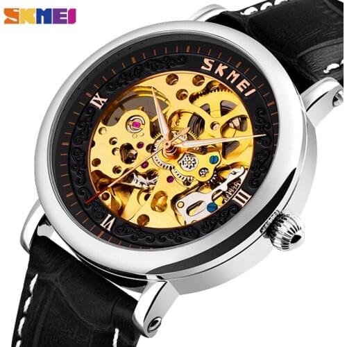 New SKMEI Automatic Watch Men Mechanical Wristwatch Simple Hollow Big Dial Waterproof Leather Strap Male Clock Relogio Masculino