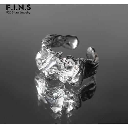 F.I.N.S Fold Texture 925 Sterling Silver Ring Concave and Convex Open Tin Foil Surface Mid Finger Ring Irregular Statement Rings