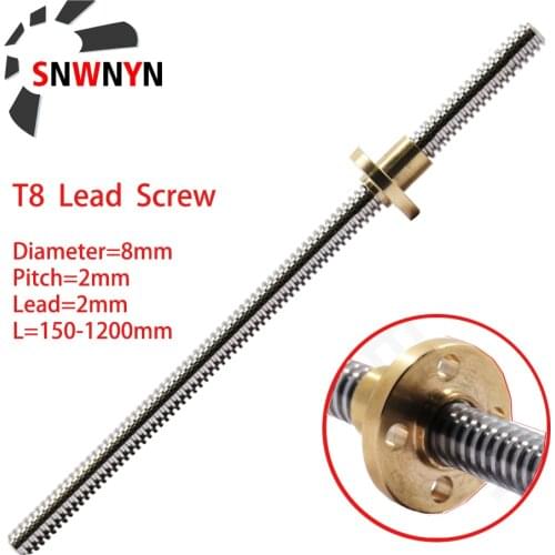 T8 Lead Screw OD 8mm Lead 2mm Pitch 2mm 150 200 250 300 350 400 500 600 1000 1500mm With Brass Nut For Reprap 3D Printer Z Axis