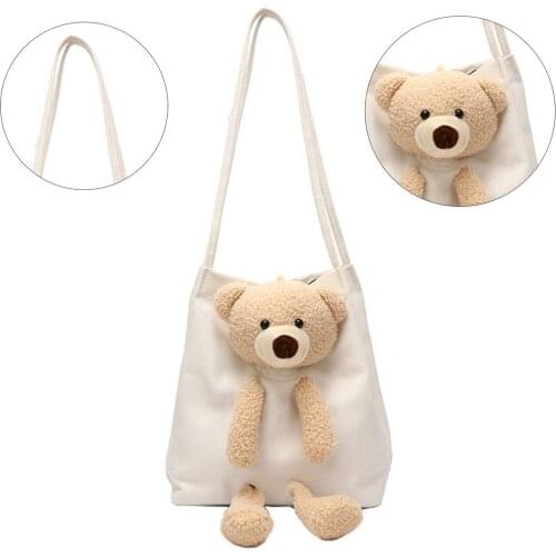 One-shoulder Bear Canvas Bag Cartoon Cute Backpack All-match Lady Shoulder Fashionable Bag Large Capacity Girls Casual Tote