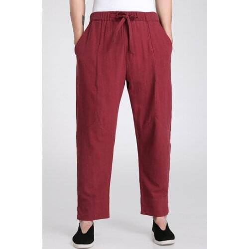 Chinese Mens Cotton Linen Kung Fu Pants Elastic Waist Leisure new Wu Shu Trousers burgundy Pantalones M L XL XXL XXXL