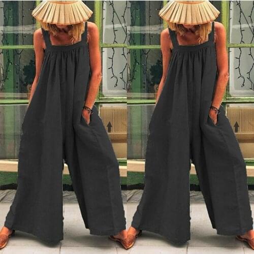 Ladies Sleeveless Baggy Trousers Playsuit Overall Five Color Women Cotton Linen Scoop Neck Loose Jumpsuit Wide Leg Harem Pants