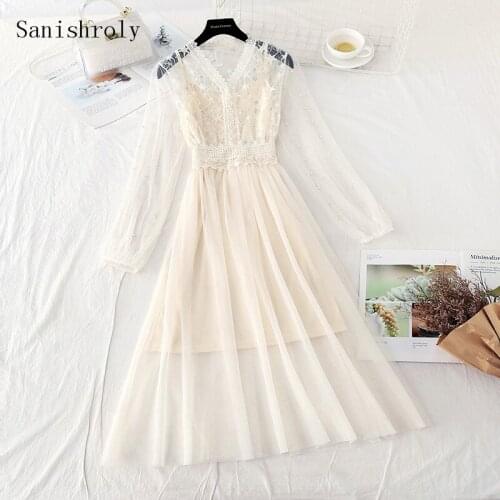 Two Pieces 2021 Spring Puff Sleeve Beading Mesh Dress Women V Neck Fairy Lace Dresses Female Sweet Large Hem Long Party Vestidos