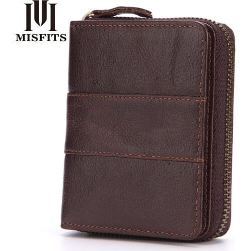 New spot mens short wallet multi-card first layer oil wax leather handbag pure color zipper bag casual bag